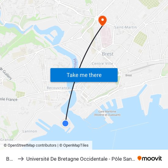 B18 to Université De Bretagne Occidentale - Pôle Santé map
