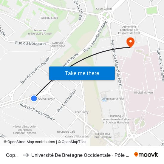 Coppin to Université De Bretagne Occidentale - Pôle Santé map