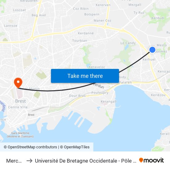 Merceur to Université De Bretagne Occidentale - Pôle Santé map