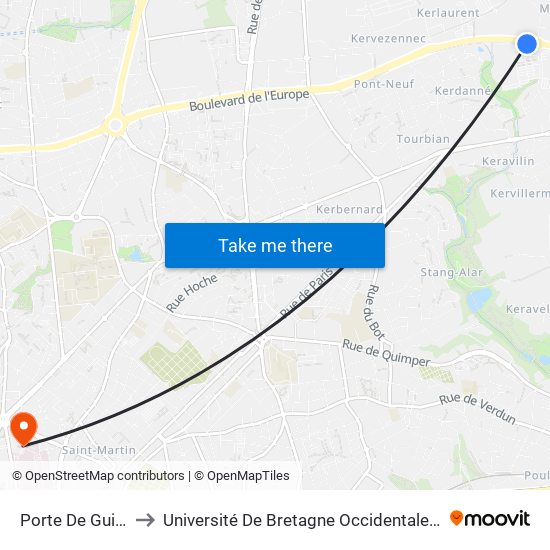 Porte De Guipavas to Université De Bretagne Occidentale - Pôle Santé map