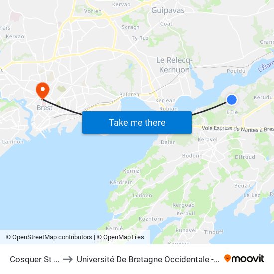 Cosquer St Jean to Université De Bretagne Occidentale - Pôle Santé map