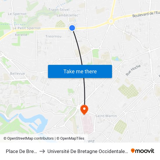 Place De Bretagne to Université De Bretagne Occidentale - Pôle Santé map