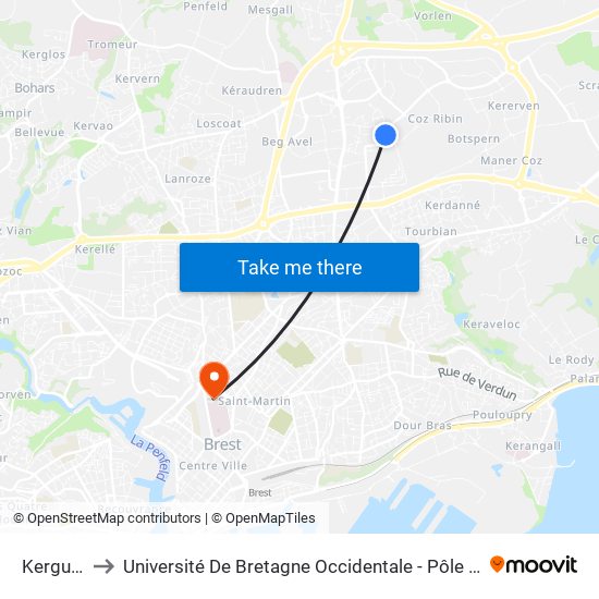 Kerguen to Université De Bretagne Occidentale - Pôle Santé map