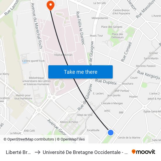 Liberté Branda to Université De Bretagne Occidentale - Pôle Santé map