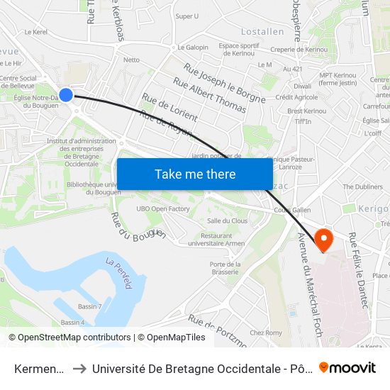 Kermenguy to Université De Bretagne Occidentale - Pôle Santé map