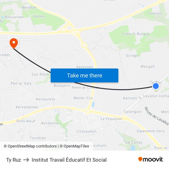 Ty Ruz to Institut Travail Éducatif Et Social map