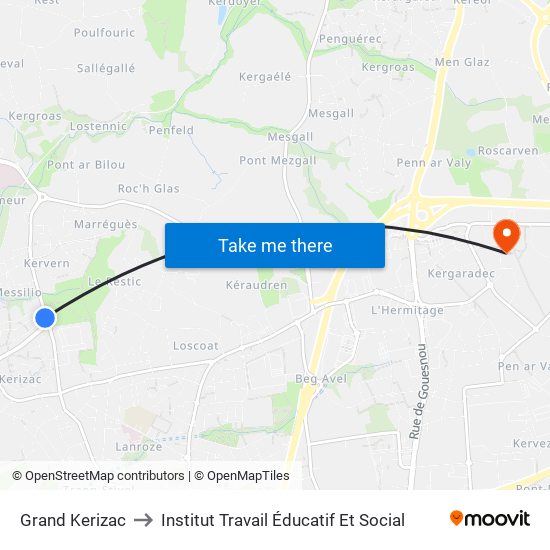 Grand Kerizac to Institut Travail Éducatif Et Social map