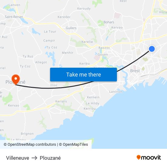 Villeneuve to Plouzané map