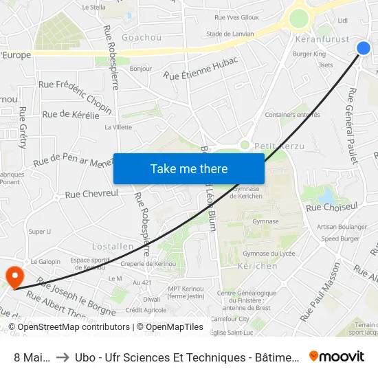 8 Mai 45 to Ubo - Ufr Sciences Et Techniques - Bâtiment Langevin map