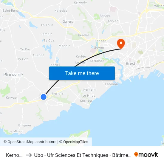 Kerhourlo to Ubo - Ufr Sciences Et Techniques - Bâtiment Langevin map