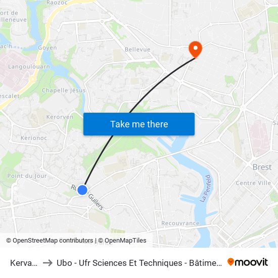 Kervallon to Ubo - Ufr Sciences Et Techniques - Bâtiment Langevin map