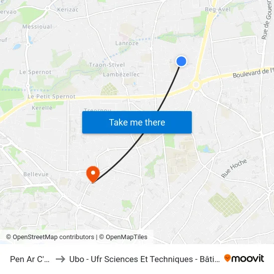 Pen Ar C'Hleuz to Ubo - Ufr Sciences Et Techniques - Bâtiment Langevin map