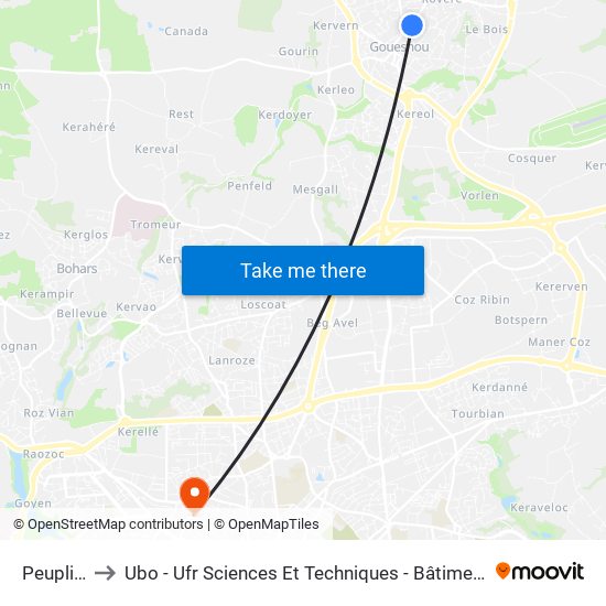 Peupliers to Ubo - Ufr Sciences Et Techniques - Bâtiment Langevin map