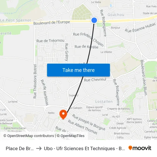 Place De Bretagne to Ubo - Ufr Sciences Et Techniques - Bâtiment Langevin map
