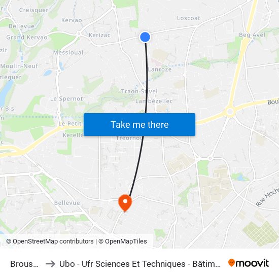 Broussais to Ubo - Ufr Sciences Et Techniques - Bâtiment Langevin map