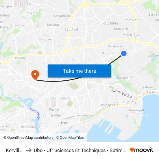 Kervillerm to Ubo - Ufr Sciences Et Techniques - Bâtiment Langevin map