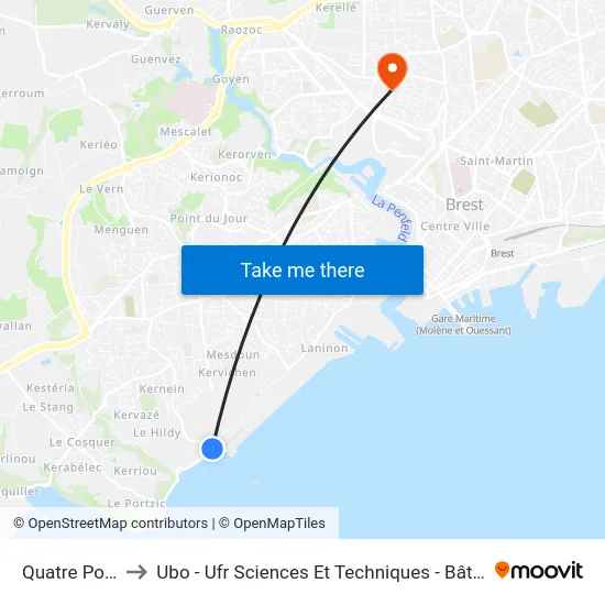 Quatre Pompes to Ubo - Ufr Sciences Et Techniques - Bâtiment Langevin map