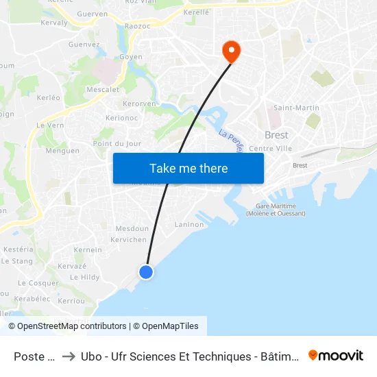 Poste A/B to Ubo - Ufr Sciences Et Techniques - Bâtiment Langevin map
