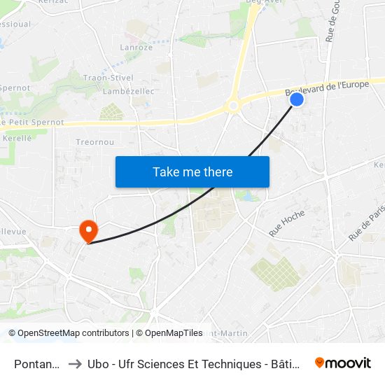 Pontanézen to Ubo - Ufr Sciences Et Techniques - Bâtiment Langevin map