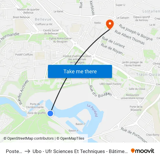 Poste 15 to Ubo - Ufr Sciences Et Techniques - Bâtiment Langevin map