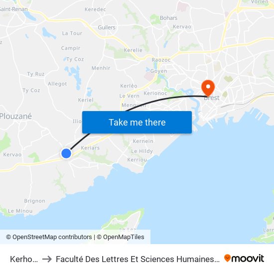 Kerhourlo to Faculté Des Lettres Et Sciences Humaines Victor Ségalen map