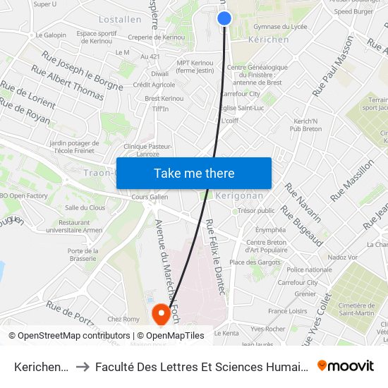 Kerichen Lycée to Faculté Des Lettres Et Sciences Humaines Victor Ségalen map