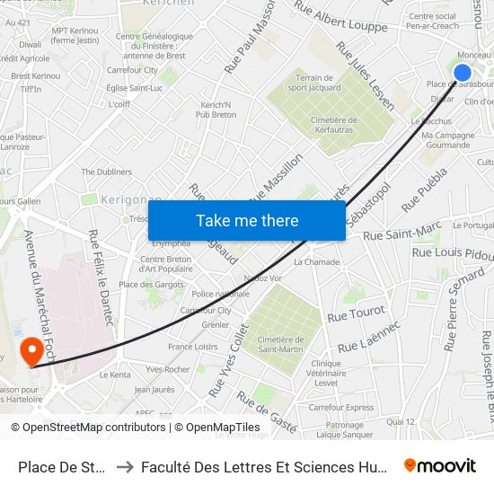 Place De Strasbourg to Faculté Des Lettres Et Sciences Humaines Victor Ségalen map