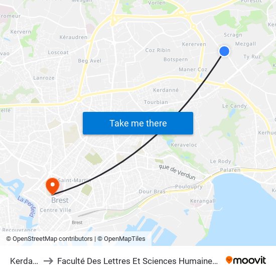 Kerdaniou to Faculté Des Lettres Et Sciences Humaines Victor Ségalen map
