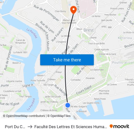 Port Du Château to Faculté Des Lettres Et Sciences Humaines Victor Ségalen map