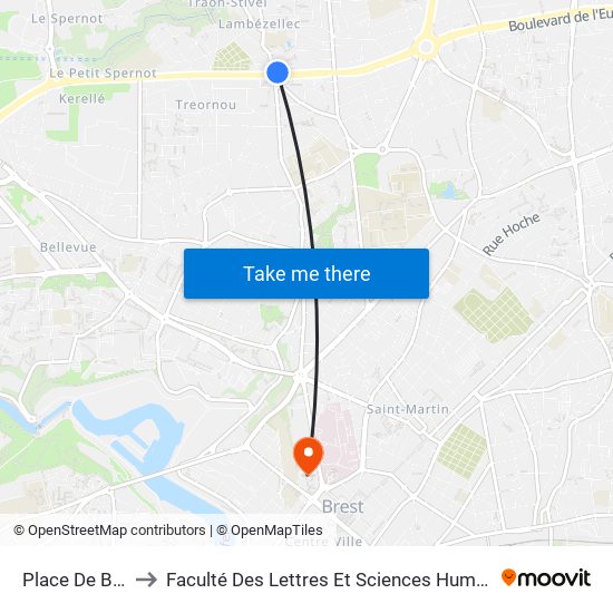 Place De Bretagne to Faculté Des Lettres Et Sciences Humaines Victor Ségalen map
