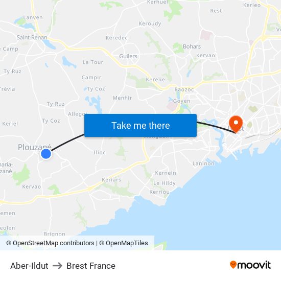 Aber-Ildut to Brest France map