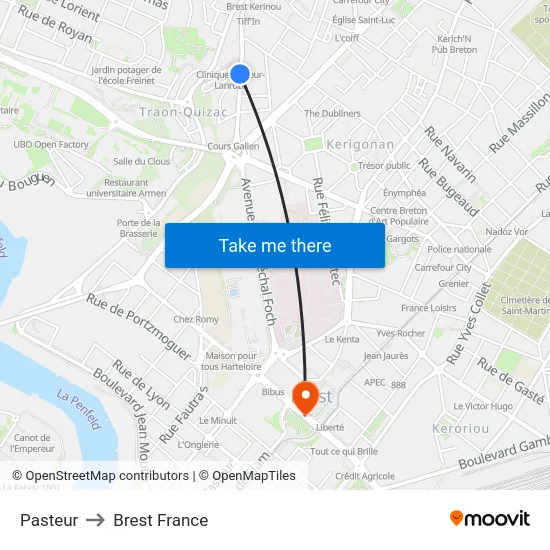 Pasteur to Brest France map