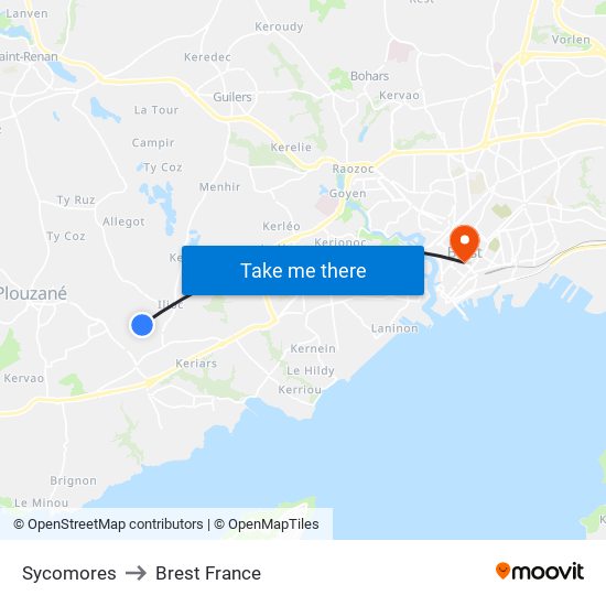 Sycomores to Brest France map