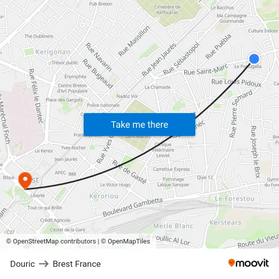 Douric to Brest France map