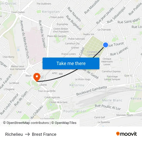 Richelieu to Brest France map