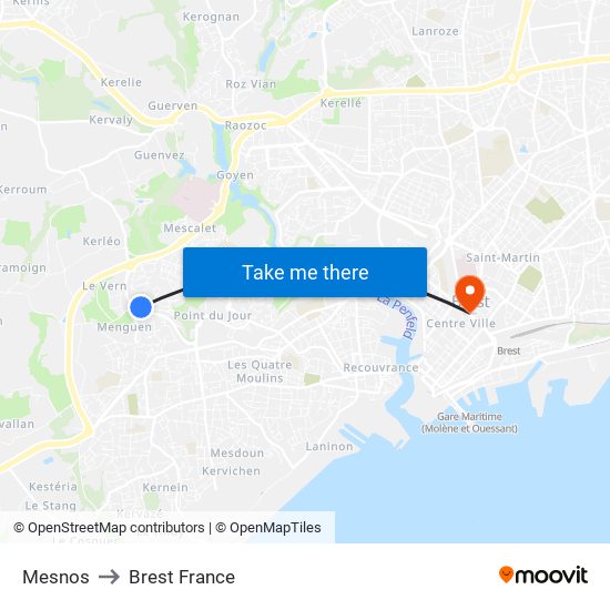 Mesnos to Brest France map