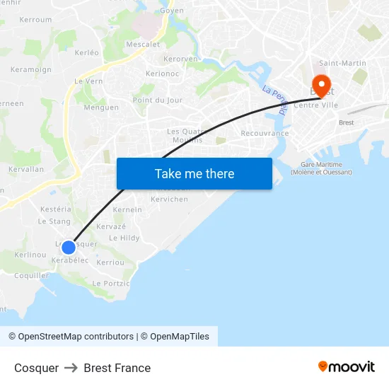 Cosquer to Brest France map