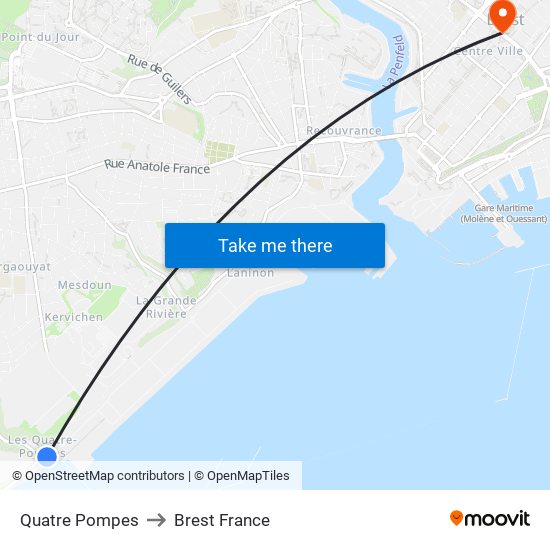 Quatre Pompes to Brest France map