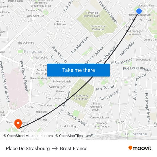 Place De Strasbourg to Brest France map