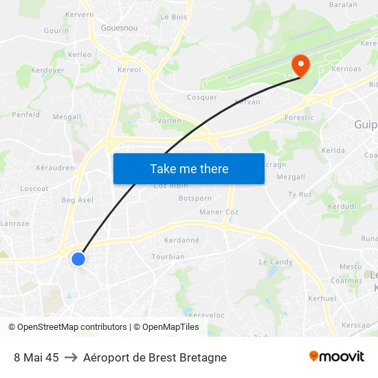 8 Mai 45 to Aéroport de Brest Bretagne map