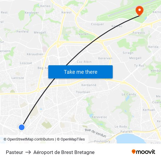 Pasteur to Aéroport de Brest Bretagne map