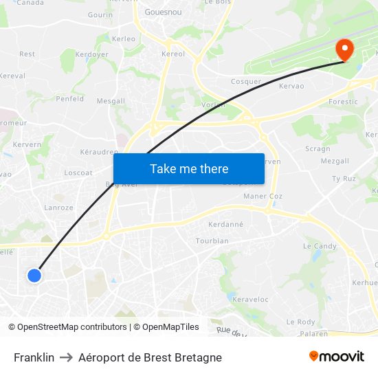 Franklin to Aéroport de Brest Bretagne map