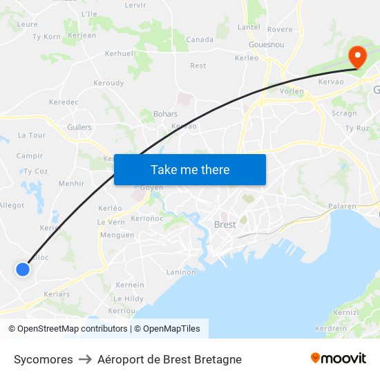 Sycomores to Aéroport de Brest Bretagne map