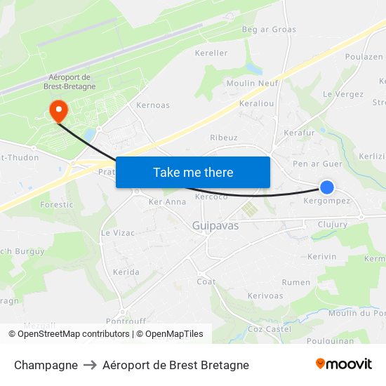 Champagne to Aéroport de Brest Bretagne map
