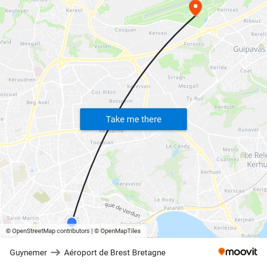 Guynemer to Aéroport de Brest Bretagne map