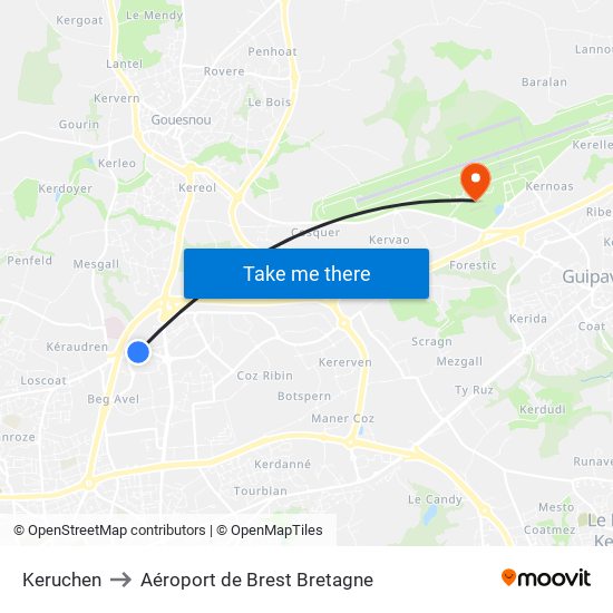 Keruchen to Aéroport de Brest Bretagne map