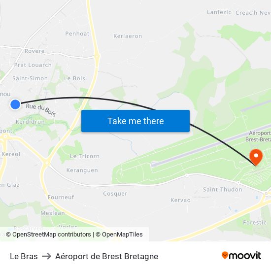 Le Bras to Aéroport de Brest Bretagne map
