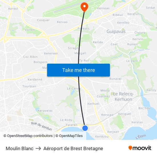 Moulin Blanc to Aéroport de Brest Bretagne map
