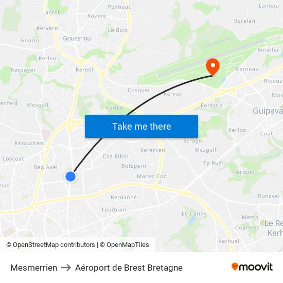 Mesmerrien to Aéroport de Brest Bretagne map