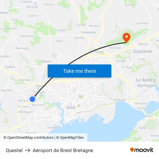 Questel to Aéroport de Brest Bretagne map